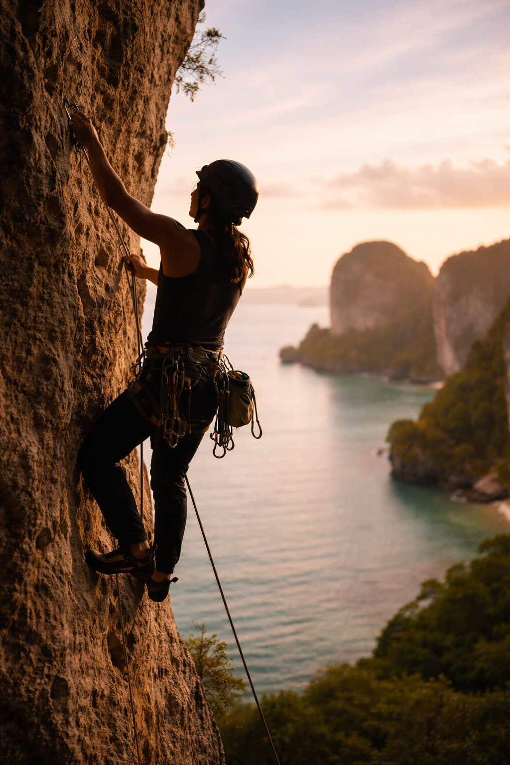 Rock climbing silhouette on limestone wall